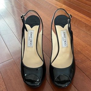 Authentic Jimmy Choo Black Patent Slingback Peep Toe Heels. Size 39. 5.25 inch